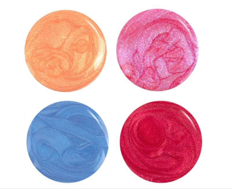 Four circles of liquid shiny nail polish colors: bright orange, bright pink, red, and sky blue.